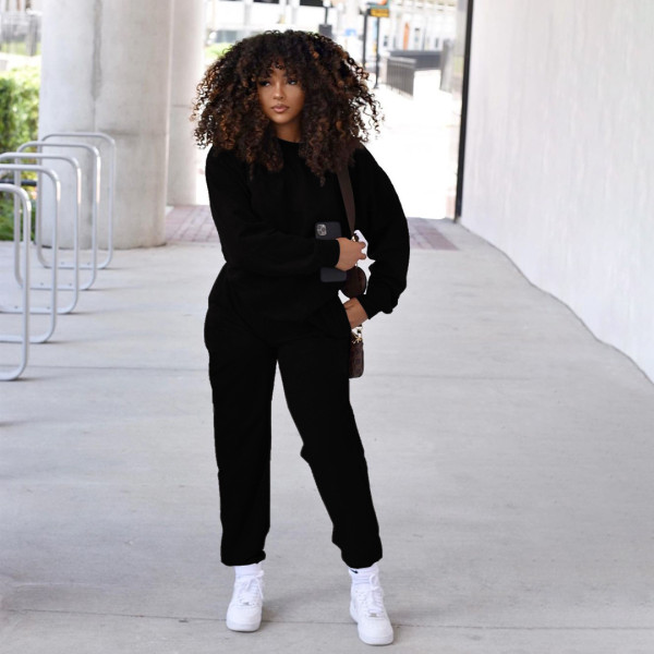 Women's fashion casual solid color round neck pocket loose long sleeve trousers sports two-piece suit SM9206