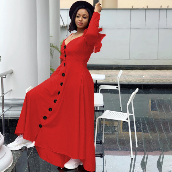 Women's Fashion Sexy Casual Ruffled Swing Dress Loose Long Sleeve Long Strap Dress SM9205