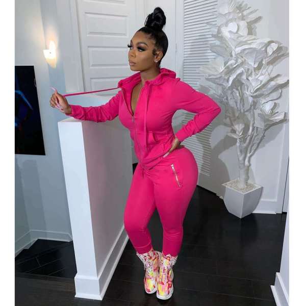 Women's two-piece solid color zipper fashion casual sports two-piece suit HM6345