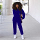 Women's fashion casual solid color round neck pocket loose long sleeve trousers sports two-piece suit SM9206
