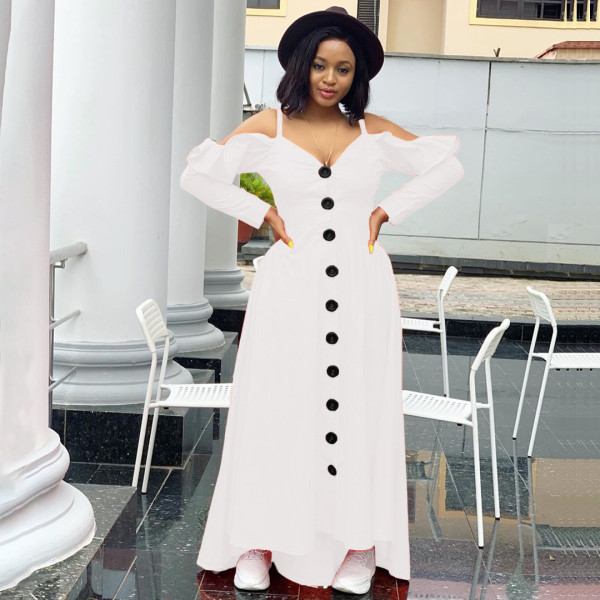 Women's Fashion Sexy Casual Ruffled Swing Dress Loose Long Sleeve Long Strap Dress SM9205