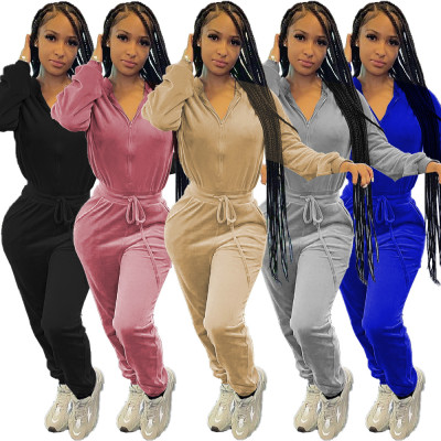 Korean velvet casual jumpsuit with zipper drawstring LY047