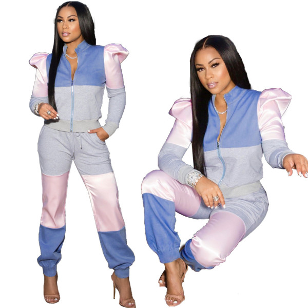 Zipper stitching contrast color puff sleeve sweatshirt sports suit XY9115