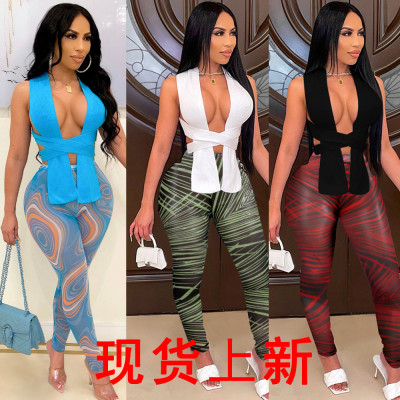 Sexy two-piece halter neck and chest printed trousers suit F312
