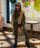 Pure color hooded pocket pleated elastic two-piece suit CQ139