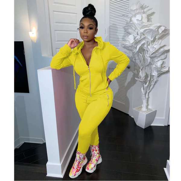 Women's two-piece solid color zipper fashion casual sports two-piece suit HM6345