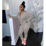 Women's two-piece solid color zipper fashion casual sports two-piece suit HM6345