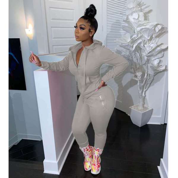Women's two-piece solid color zipper fashion casual sports two-piece suit HM6345