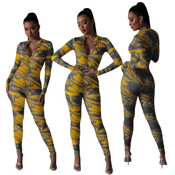 Fashion autumn and winter marble pattern digital printing skinny sexy jumpsuit Y81342