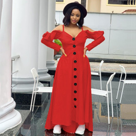 Women's Fashion Sexy Casual Ruffled Swing Dress Loose Long Sleeve Long Strap Dress SM9205