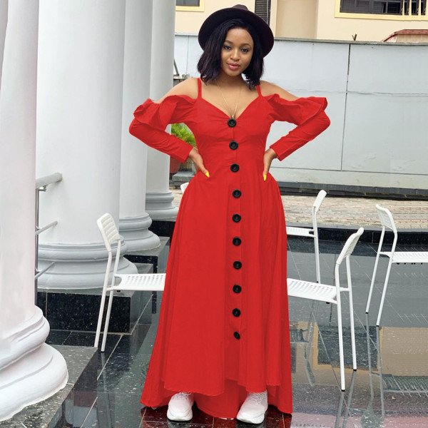 Women's Fashion Sexy Casual Ruffled Swing Dress Loose Long Sleeve Long Strap Dress SM9205