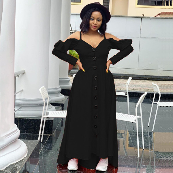 Women's Fashion Sexy Casual Ruffled Swing Dress Loose Long Sleeve Long Strap Dress SM9205