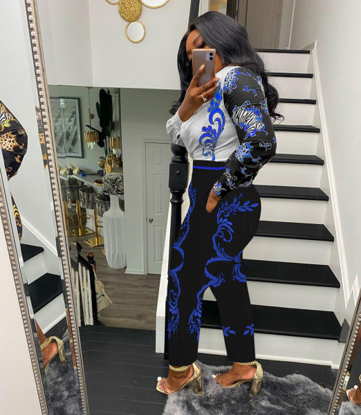 Women's fashion casual positioning printing office clothes loose long-sleeved shirt trousers two-piece suit SM9203