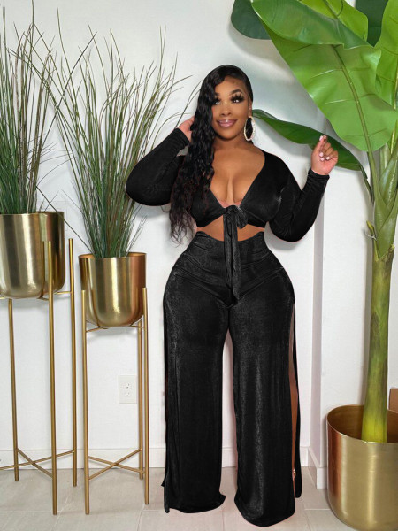 Women's high slit sexy commuter velvet women's two-piece suit DN8634
