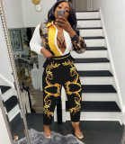 Women's fashion casual positioning printing office clothes loose long-sleeved shirt trousers two-piece suit SM9203