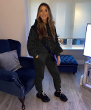 Pure color hooded pocket pleated elastic two-piece suit CQ139