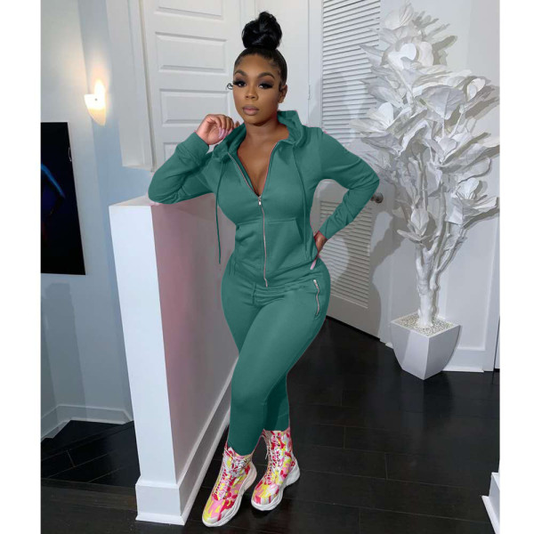 Women's two-piece solid color zipper fashion casual sports two-piece suit HM6345