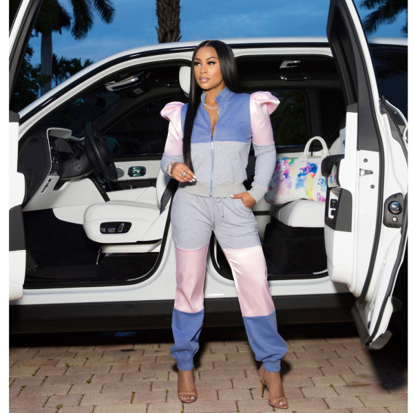 Zipper stitching contrast color puff sleeve sweatshirt sports suit XY9115