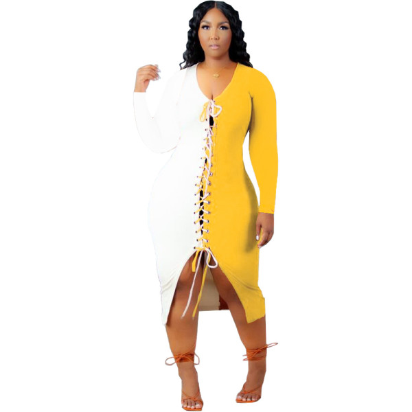 Sexy solid color block stitching machine eye lace long dress women's dress DN8635