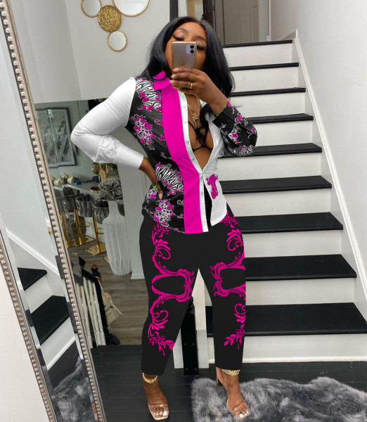Women's fashion casual positioning printing office clothes loose long-sleeved shirt trousers two-piece suit SM9203