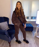 Pure color hooded pocket pleated elastic two-piece suit CQ139