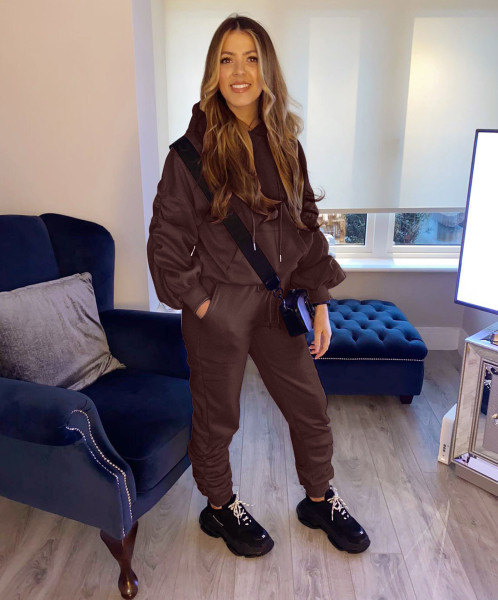 Pure color hooded pocket pleated elastic two-piece suit CQ139