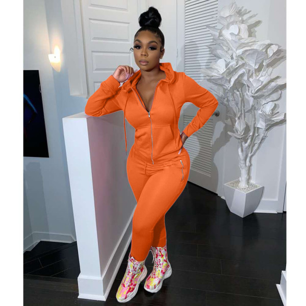 Women's two-piece solid color zipper fashion casual sports two-piece suit HM6345