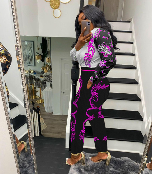 Women's fashion casual positioning printing office clothes loose long-sleeved shirt trousers two-piece suit SM9203