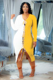 Sexy solid color block stitching machine eye lace long dress women's dress DN8635
