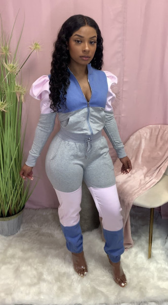 Zipper stitching contrast color puff sleeve sweatshirt sports suit XY9115