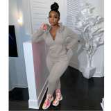 Women's two-piece solid color zipper fashion casual sports two-piece suit HM6345