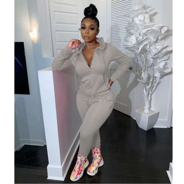 Women's two-piece solid color zipper fashion casual sports two-piece suit HM6345