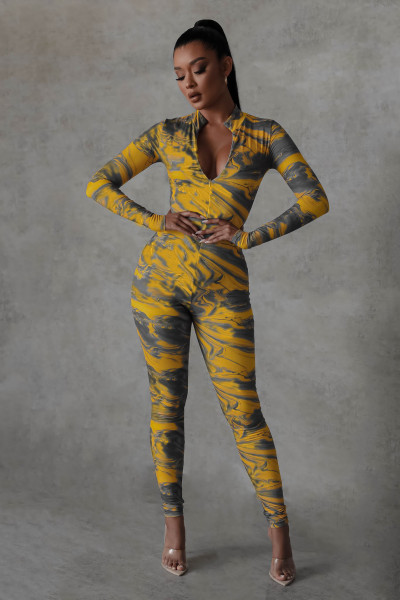 Fashion autumn and winter marble pattern digital printing skinny sexy jumpsuit Y81342