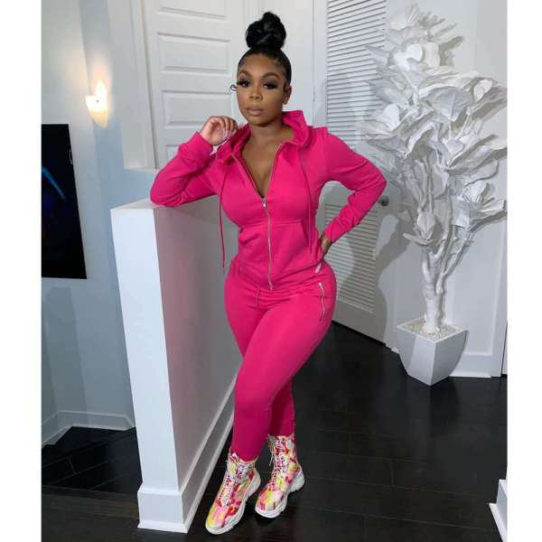 Women's two-piece solid color zipper fashion casual sports two-piece suit HM6345
