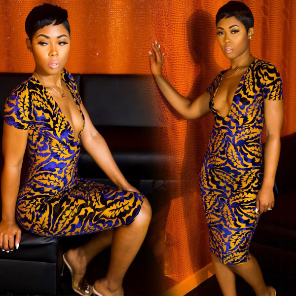 Dress Color leaf print deep V slim bag hip nightclub skirt F296