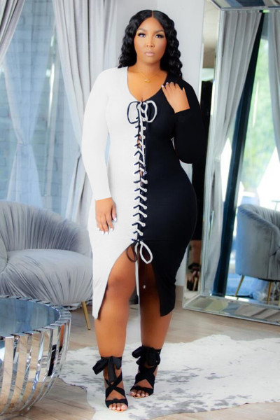 Sexy solid color block stitching machine eye lace long dress women's dress DN8635