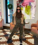 Pure color hooded pocket pleated elastic two-piece suit CQ139
