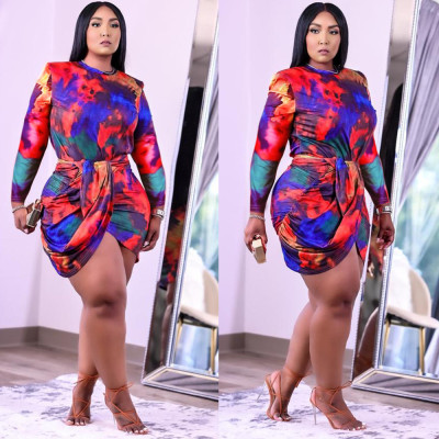 Plus size women's sexy long-sleeved printing new two-piece suit F286