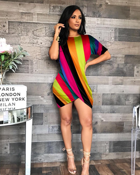 Sexy round neck dress short sleeve two-color stitching female nightclub dress FS59