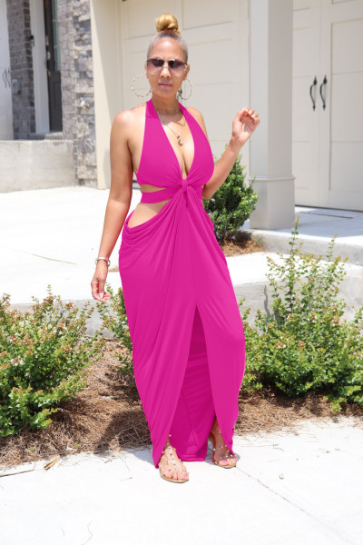 Sexy solid color halterneck dress with deep V slit and waistless nightclub skirt F190