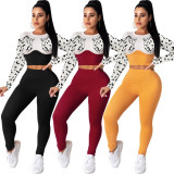 Women's Fashion Leopard Print Navel Color Matching Suit Long Sleeve New Two-piece Set FX232