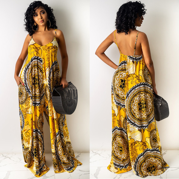 Fashion women's sexy print wrapped chest pocket nightclub jumpsuit F268