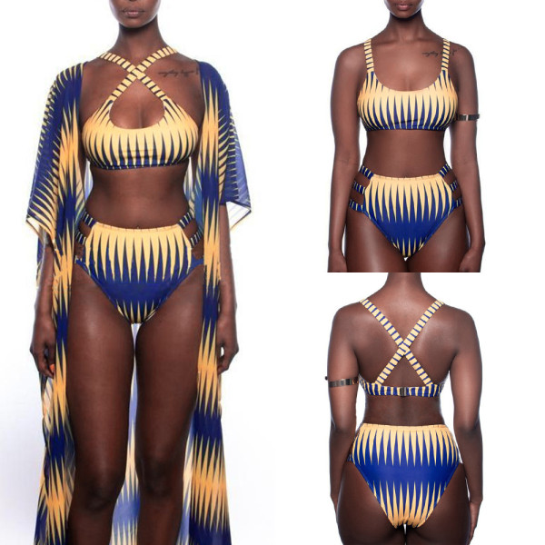 Sexy printed bikini swimsuit beach cloak three-piece suit F56