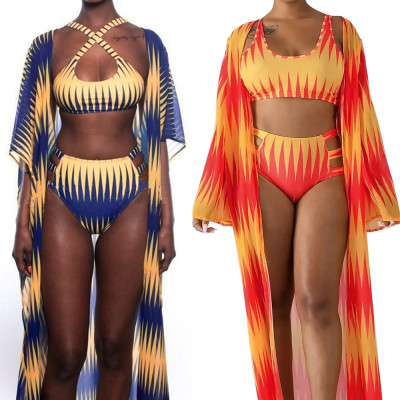 Sexy printed bikini swimsuit beach cloak three-piece suit F56