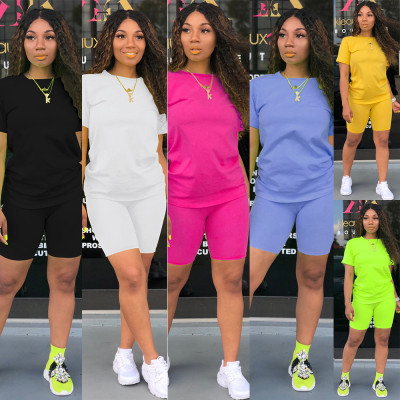 Simple and fresh two-piece shorts solid color T-shirt shorts women's suit F110