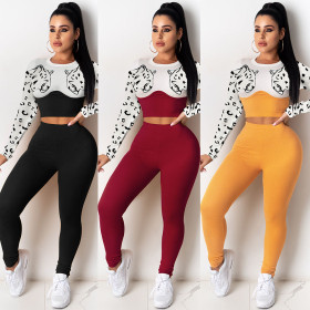 Women's Fashion Leopard Print Navel Color Matching Suit Long Sleeve New Two-piece Set FX232