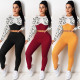 Women's Fashion Leopard Print Navel Color Matching Suit Long Sleeve New Two-piece Set FX232