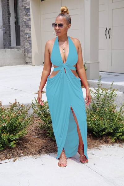 Sexy solid color halterneck dress with deep V slit and waistless nightclub skirt F190
