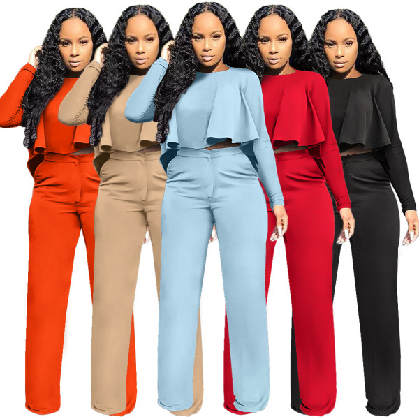 Two-piece set of straight-leg pants with ruffled pockets, short front and long back GL6509