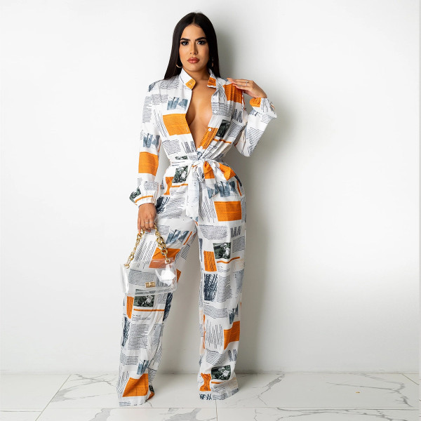 Women's autumn new digital printing loose jumpsuit with belt AC8309